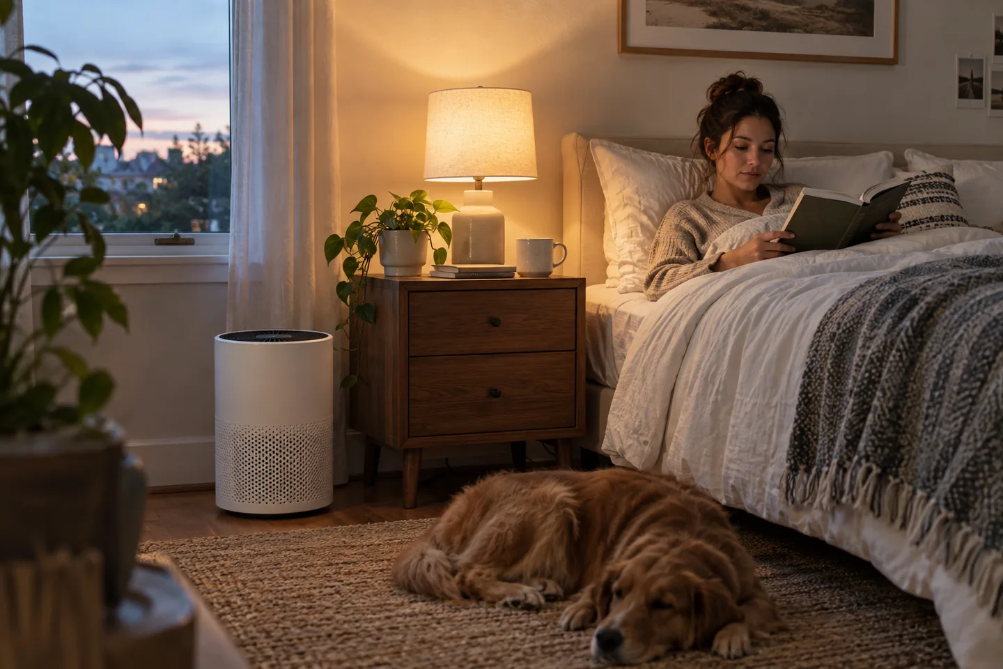 A compact air purifier running beside a neatly made bed in evening light.