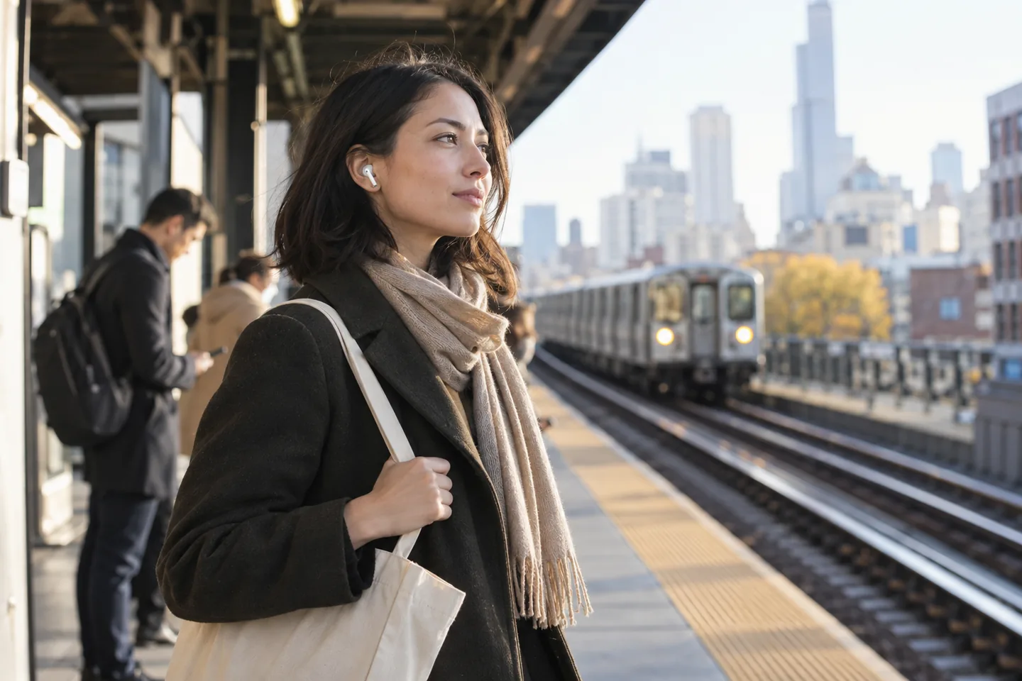 A commuter wearing wireless earbuds while waiting on a city platform.