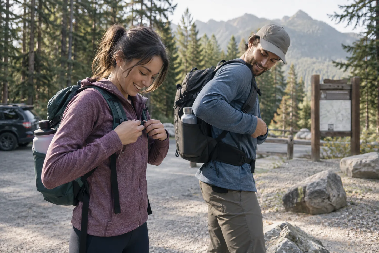Two hikers adjusting compact daypacks before a morning trail walk.