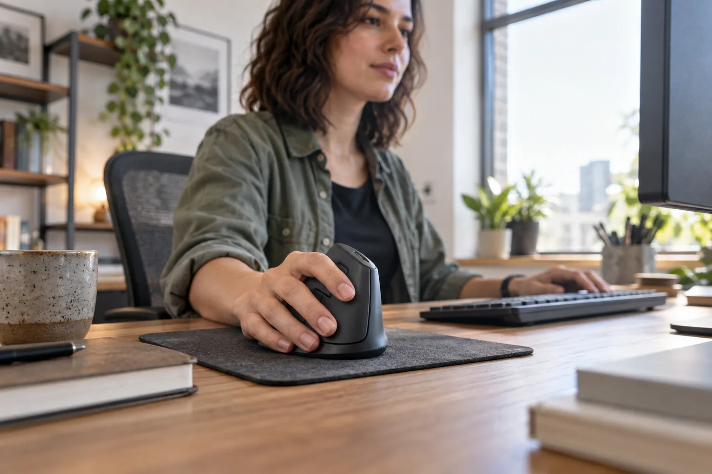 A designer working with an ergonomic vertical mouse at a desk.
