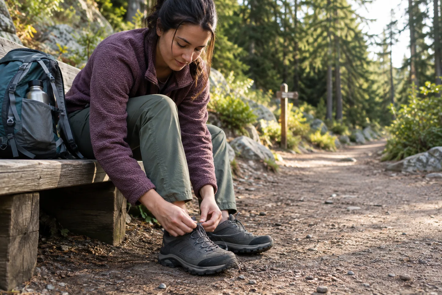 A hiker lacing low-cut trail shoes beside a forest trailhead.