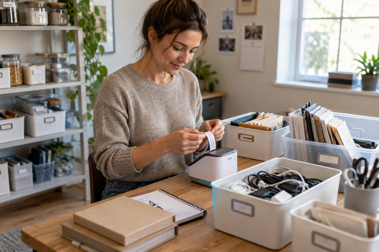 A person labeling storage bins and charging cables in a home office.