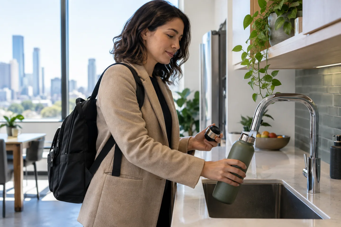 A commuter filling an insulated reusable water bottle before leaving for work.
