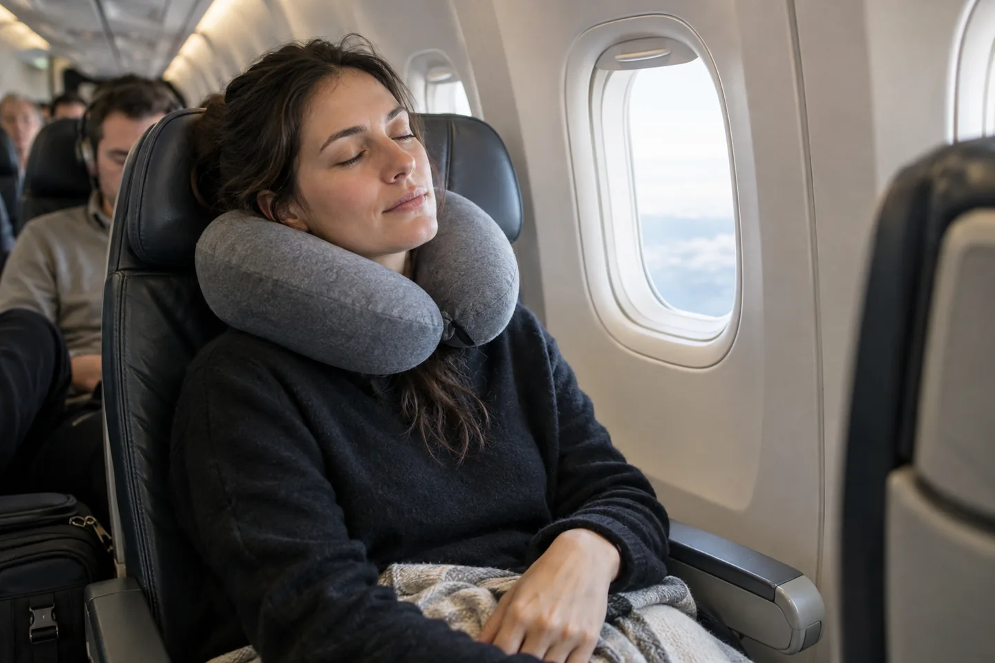 A traveler resting with a supportive neck pillow in an airplane window seat.