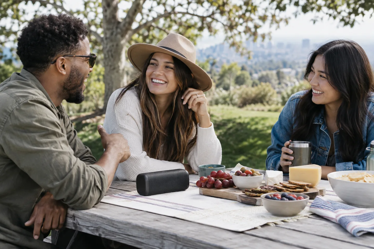Friends listening to a compact Bluetooth speaker during a relaxed park picnic.