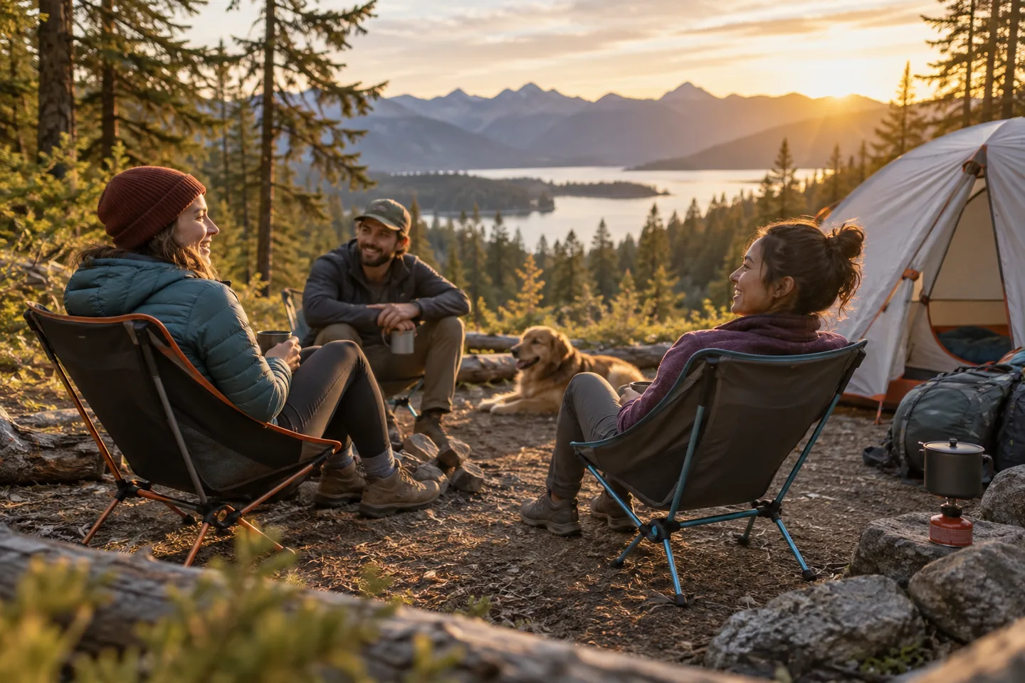 Friends relaxing in lightweight portable camp chairs beside a tent.