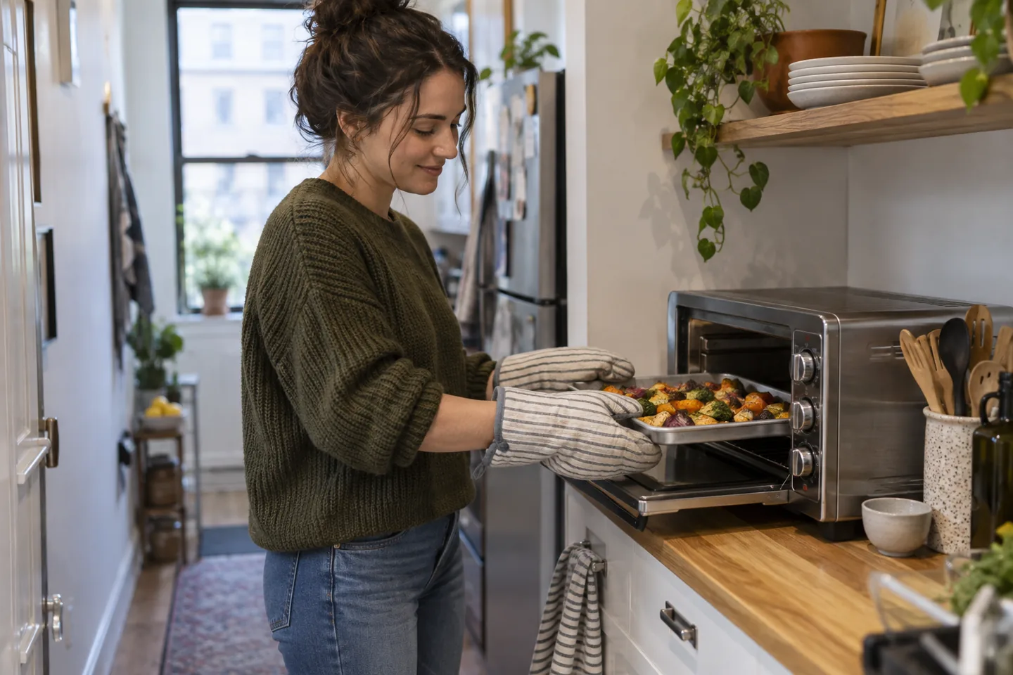 A renter preparing toast and vegetables with a compact countertop oven.