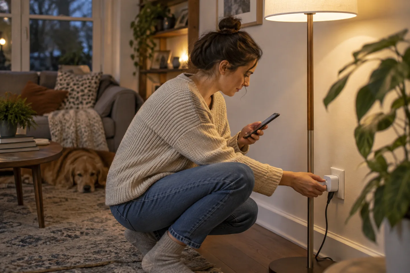 A person using a phone to schedule a living-room lamp connected to a smart plug.