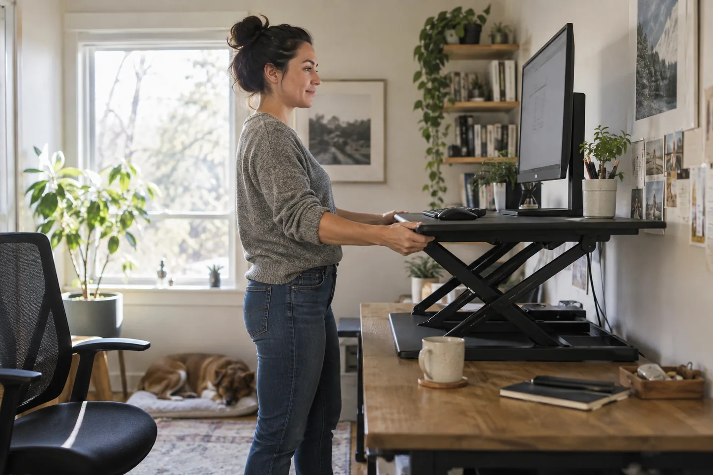A home worker raising a standing desk converter with a monitor and keyboard.