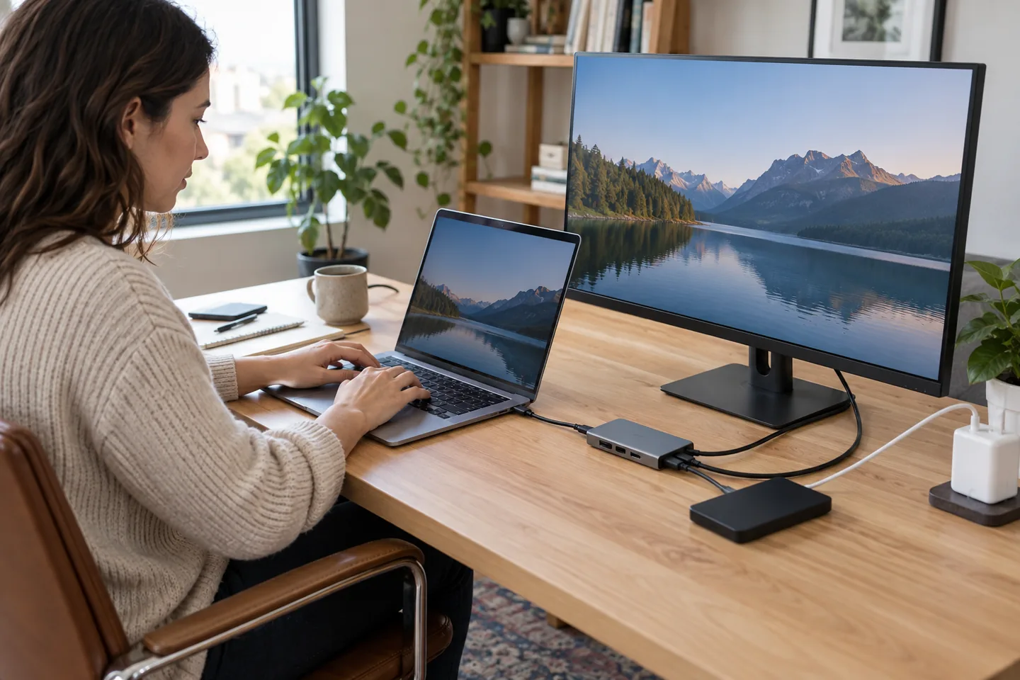 A laptop connected through a compact USB-C hub to a tidy home-office setup.